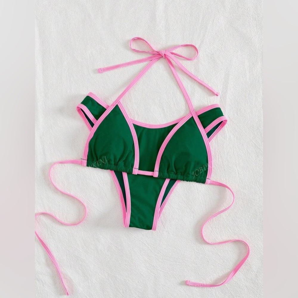 Chic Green Bikini two piece set with Pink Trim
